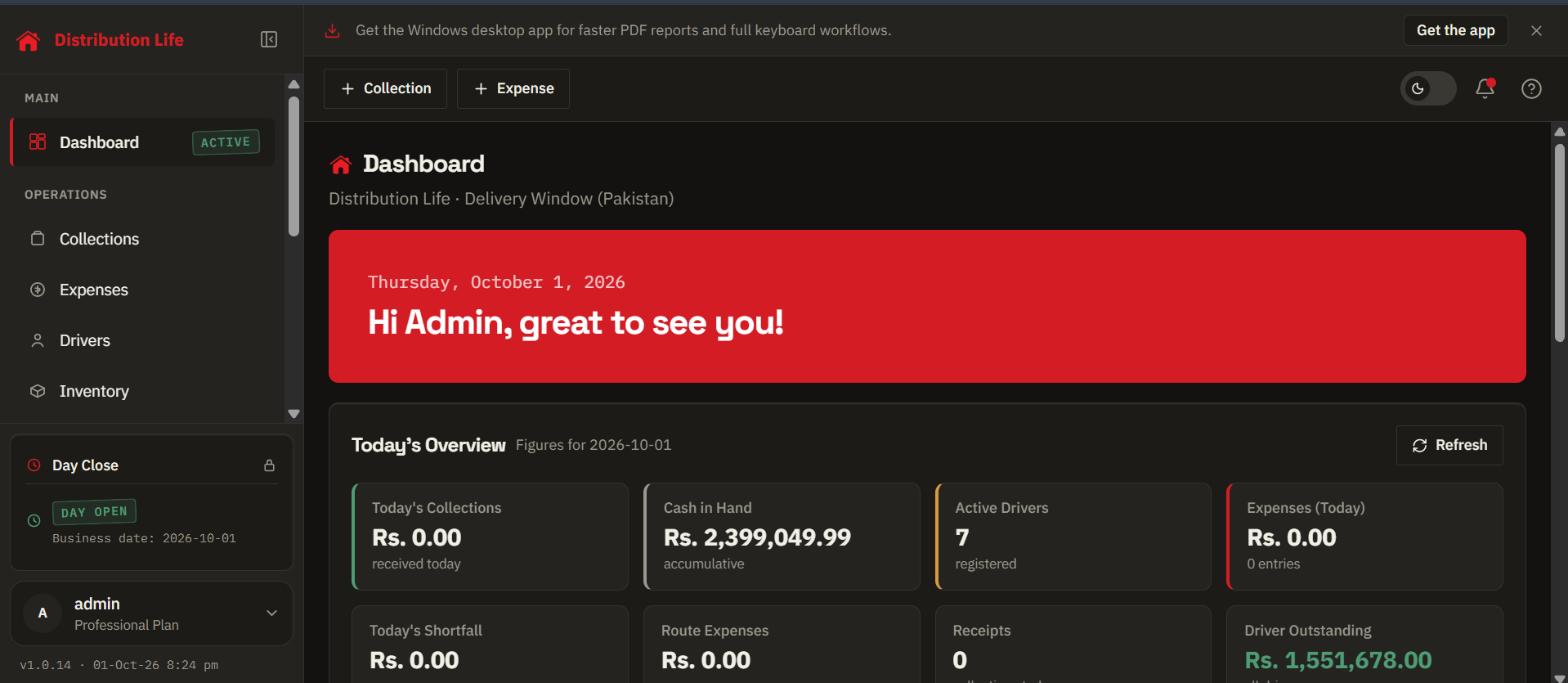 Distribution Life dashboard in dark mode
